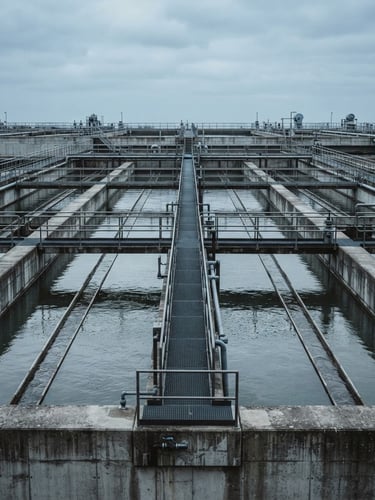 Clean straight-on architectural photograph of concrete water treatment basins under cool overcast daylight, desaturated soft blue tones, sharp technical focus