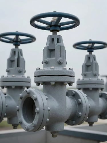 Close-up of a heavy industrial water valve assembly, clean architectural photography, cool overcast daylight, desaturated gray tones, sharp technical focus