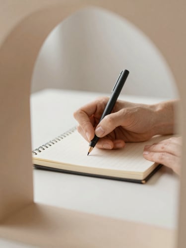 Close-up of hands writing in a minimalist notebook on a clean slate desk, soft diffused daylight, shallow depth of field, warm architectural framing.