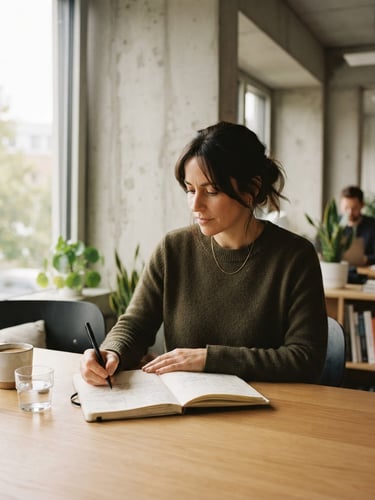 A quiet, thoughtful professional writing in a notebook in a modern, daylight-filled concrete workspace, soft natural light, architectural framing, warm editorial photography.