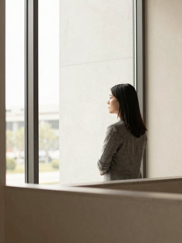 Quiet, thoughtful professional looking out a window in a daylight-filled architectural space, muted earth tones, medium-long environmental shot, soft high-key lighting.