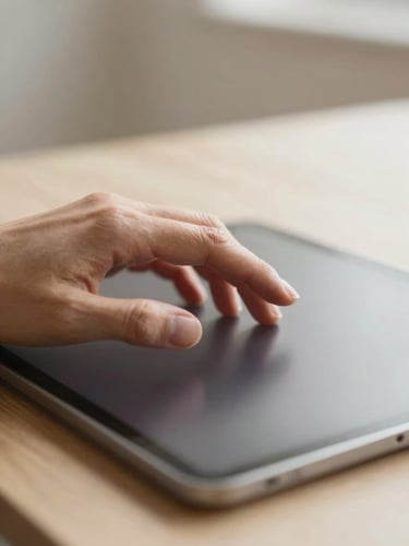Close-up of hands interacting with a clean digital interface on a tablet, soft natural daylight, high-key but warm, shallow depth of field.