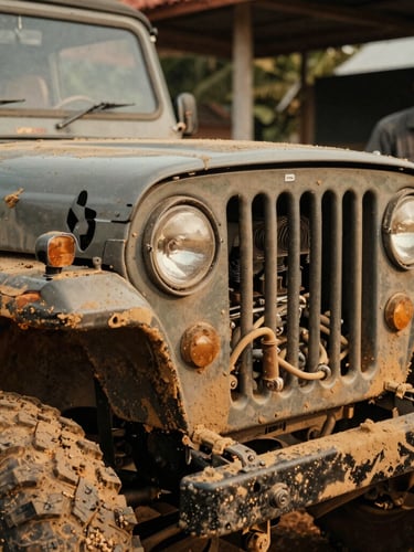 Close-up mechanical detail of a classic vintage Jeep engine and rugged tire, mud-splattered, with a local Balinese driver smiling in the background, warm dusty clay tones, 35mm film