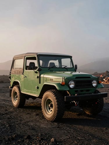 Low-angle shot of a classic open-top rugged green 4x4 Jeep parked on a volcanic ash field under dramatic misty morning light, 35mm film style
