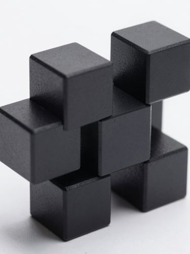 A high-contrast macro crop of an abstract 3D geometric structure, sharp drop shadows, diffused cool studio lighting, pure white background