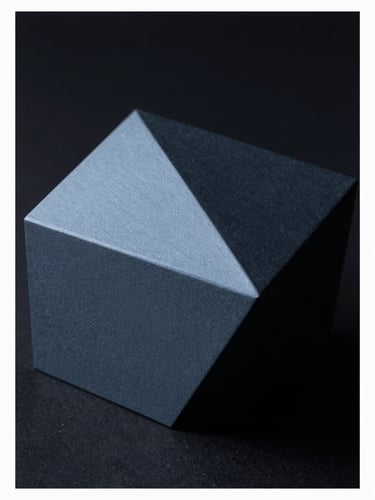 Macro view of a high-contrast 3D geometric render, sharp drop shadows, cool diffused studio lighting, deep charcoal and soft blue tones, minimalist composition