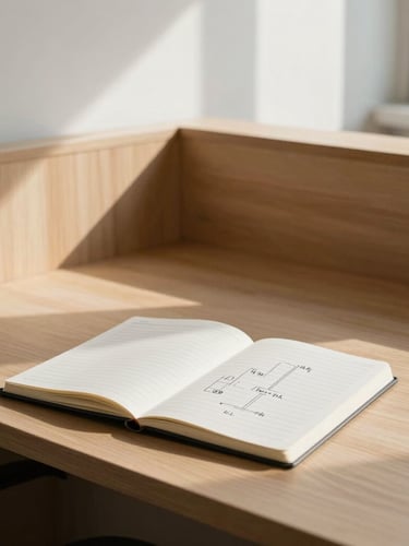 Quiet structured workspace in Bergamo with clean wooden lines, a notebook with logical diagrams, soft morning light, and generous negative space.