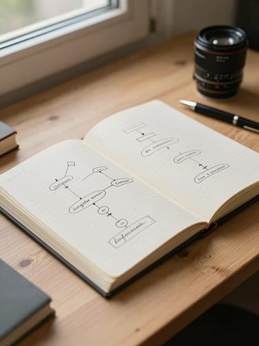 Inquadratura zenitale di una scrivania ordinata con un taccuino aperto, diagrammi logici abbozzati a matita, una penna stilografica, luce naturale del mattino che entra da una finestra laterale, texture di legno chiaro.