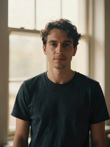 A warm editorial portrait of a professional filmmaker, soft natural light, shallow depth of field, 35mm film look, rich cinematic tones.
