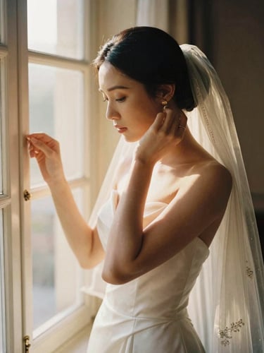 A quiet, elegant bride adjusting her veil by a sunlit window, warm golden-hour tones, shallow depth of field, 35mm film look