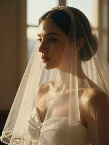 Cinematic close-up of a bride's veil catching soft morning window light, warm golden tones, shallow depth of field, 35mm film look