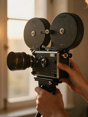 Candid close-up of a wedding filmmaker holding a vintage-style cinema camera, golden hour window light, warm editorial photography, 35mm film look.