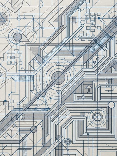 Top-down orthographic view of a high-contrast printed curriculum document mockup, crisp slate and blueprint blue lines on heavy textured paper, flat architectural studio lighting.