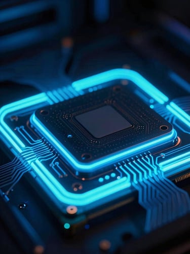 Extreme close-up macro of a glowing GPU core array bathed in electric blue and cyan neon gel lighting, dark background, circuit traces visible, dramatic side backlight, no text, no faces