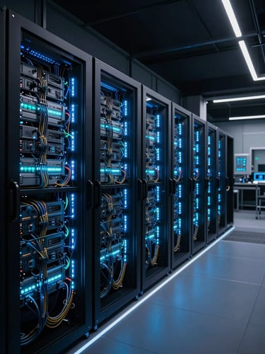 Wide panoramic shot of a dark high-tech laboratory interior, rows of server racks glowing electric blue and cyan from within, cables routed with precision, deep black walls, neon accent lighting tracing the floor and ceiling edges, no humans, cinematic depth of field, Tokyo tech district atmosphere