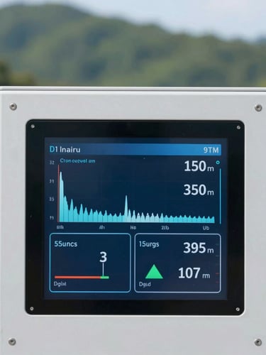 Portrait-oriented close-up of a data interface displaying real-time energy consumption metrics in a clean industrial setting, crisp architectural photography, bright morning daylight, cool forest greens and deep blues, sharp focus, 35mm