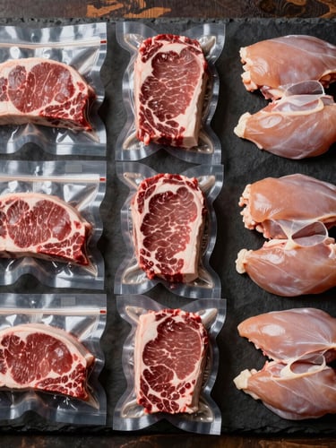 Dramatic side-lit flat lay of neatly organized vacuum-sealed raw beef steaks and chicken breasts on a dark slate board, rustic wood accents, clear portion labels, professional culinary editorial style.