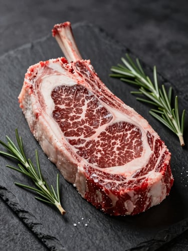 Dramatic portrait of raw ribeye steak on dark slate, rich marbling, rosemary sprig, side lighting, dark background