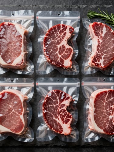 Top-down flat lay of neatly organized vacuum-sealed meat packages on a dark slate surface, clear portion labels visible, rustic rosemary sprigs nearby