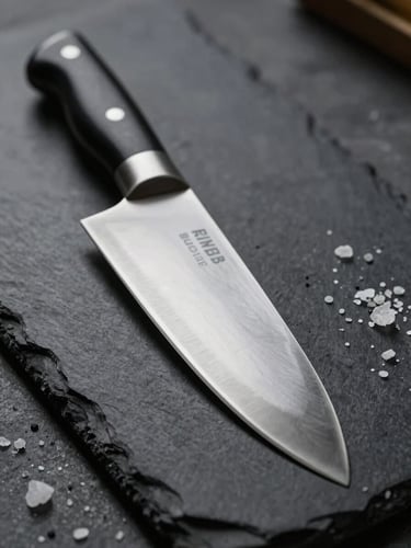Close-up of a professional butcher knife resting on a dark slate board with coarse salt crystals, moody lighting
