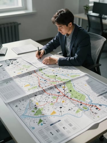 Wide environmental shot, cool north-facing light flooding a quiet office, a single leader seated at a large table covered in structured operational maps and annotated framework documents, viewed from slightly above and to the side, no eye contact, deliberate focus