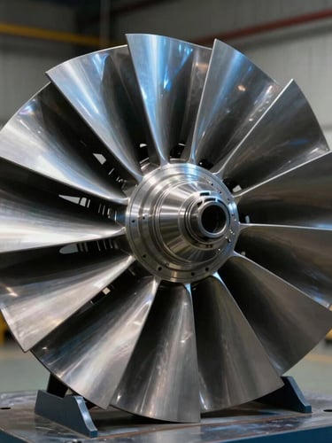 Macro-level wide-angle shot of a V94.2 turbine blade, pristine metallic finish, cool blue daylight reflecting off the curved airfoil profile, industrial workshop background.
