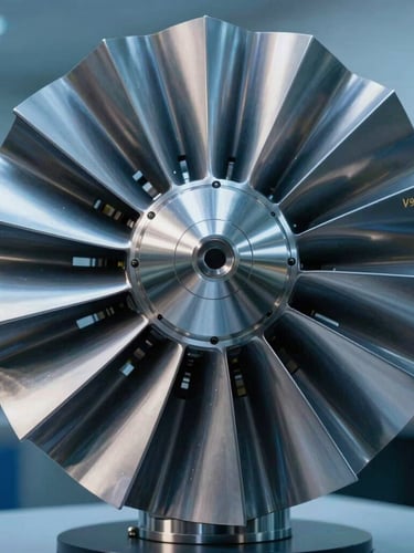 Macro shot of a pristine metallic V94.2 turbine blade undergoing non-destructive testing with cool blue daylight and sharp metallic reflections