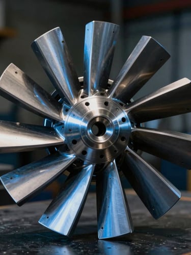 Macro photograph of a V94.2 turbine blade root, cool blue industrial lighting reflecting off pristine metallic surfaces, sharp focus on machined tolerances, dark workshop background.