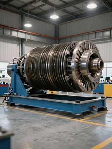 Wide-angle shot of a clean industrial workshop floor, a massive turbine rotor positioned on a balancing rig, cool daylight mixing with warm overhead sodium lamps, high-contrast metallic details.