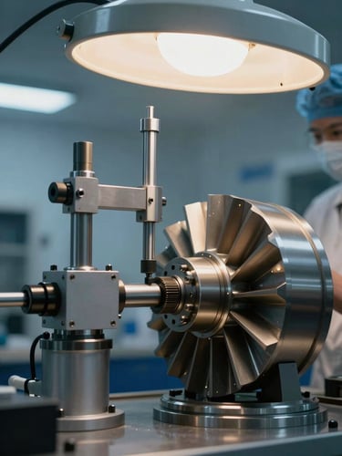 Technician in a clean industrial setting using a high-precision micrometer on a turbine blade root, cool blue daylight mixed with warm overhead sodium lamps.