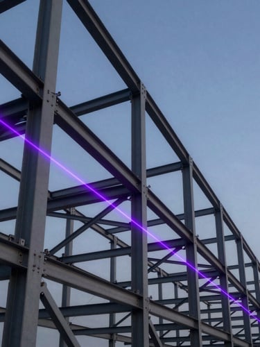 Dramatic low-key architectural shot of structural steel framework at twilight, highlighted by sharp purple laser lines tracing the structural joints, high contrast, clean technical aesthetic.