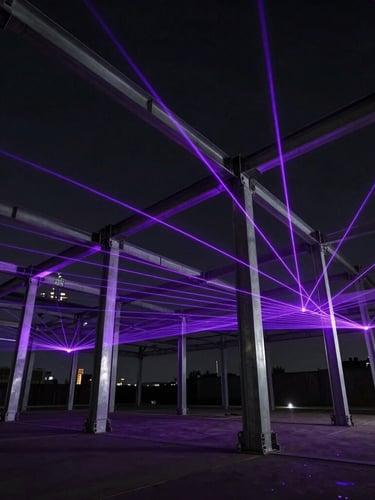 Wide angle, dramatic architectural view of structural steel framing under low-key studio lighting, sharp purple laser-lines projecting a digital compliance grid onto the metal joints, dark obsidian background.