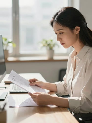 Professional woman reviewing documents in a bright, modern office with soft natural daylight, warm tones, shallow depth of field