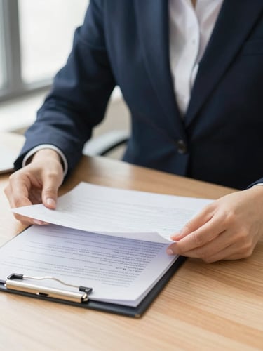 Close-up of a professional legal assistant reviewing structured documents on a clean wooden desk, soft morning light, professional editorial style