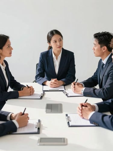 A collaborative legal workshop in Jamaica, professional legal assistants engaged in discussion around a modern conference table, bright natural daylight, soft shadows.