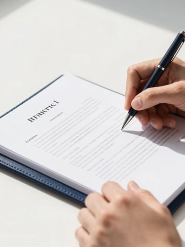 Close-up of hands reviewing legal documents and taking notes in a leather notebook, bright natural daylight, clean white and deep navy tones, professional editorial style.