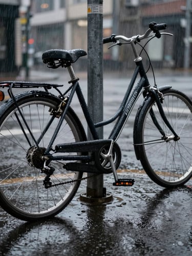 Low-angle street perspective of a worn commuter bicycle locked to a metal street post in heavy rain. Water droplets on the frame, wet asphalt reflecting city lights, high-contrast.