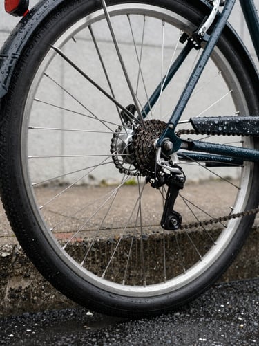 Low-angle street perspective of a commuter bike's rear wheel and chain covered in water droplets, parked against a gritty concrete curb during overcast daylight.