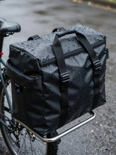 Eye-level close-up of a waterproof black pannier bag covered in rain droplets, mounted on a rear metal bike rack, wet asphalt pavement in background, overcast daylight.