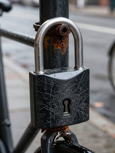 A close-up street perspective of a heavily scratched black U-lock securing a commuter bike to a rusted metal signpost on a wet NYC street under overcast daylight.