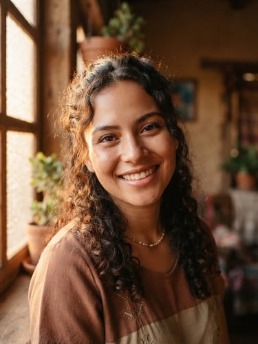 Close-up of a smiling Honduran woman with natural makeup, warm golden hour window light, soft focus, editorial style