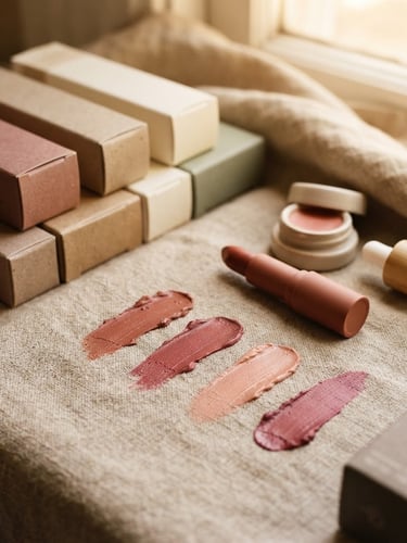 Macro shot of organized clean beauty product boxes and lipstick swatches on textured linen, warm diffused window light, editorial composition