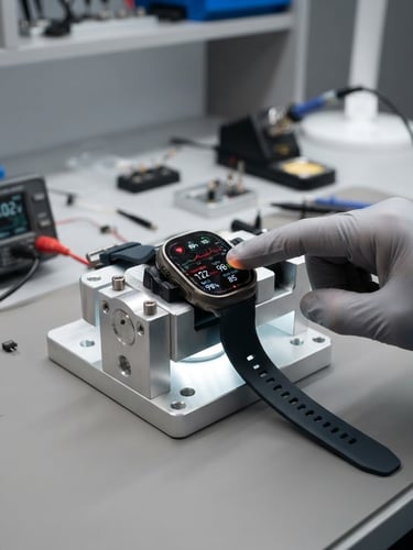 Macro shot of a tech gadget (e.g., smartwatch or drone) being rigorously tested on a clean, minimalist workbench. Studio lighting, hands (unidentifiable) interacting with the device. Neutral gray background. High-contrast details. 50mm lens.