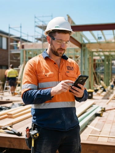Bright natural daylight photography, a clean-cut Melbourne tradesman on a residential construction site holding a smartphone, high-contrast modern tech, sharp focus, 35mm