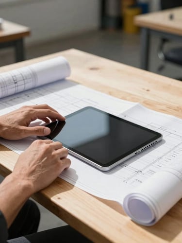 Bright natural daylight photography, hands-on work with blueprints and a modern tablet on a clean wooden workbench, high-contrast, sharp focus, 35mm