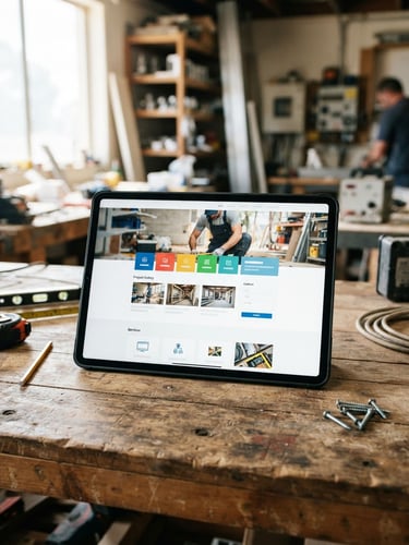 A modern tablet displaying a clean trade service website on a wooden workbench, bright natural Australian daylight, high-contrast, 35mm