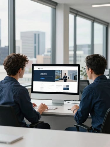 Bright natural daylight, two professional web designers reviewing a website layout on a screen in a modern Melbourne office space, large windows, clean professional setting, 35mm
