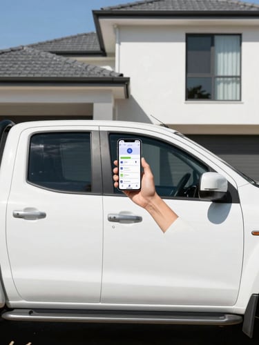 Bright natural daylight photography, a clean white trade ute parked in front of a modern suburban house, a tradesperson holding a smartphone showing local search results, high-contrast, 35mm
