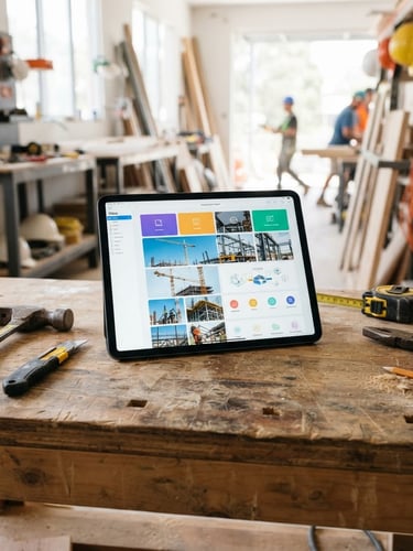Bright natural daylight photography, a modern tablet showing a clean construction website layout resting on a wooden workbench next to steel tools, high-contrast, 35mm