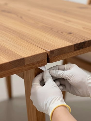 Close-up of hands in protective gloves carefully securing the joint of a heavy teak dining table, bright natural light, crisp details.
